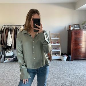 Revolve Green Satin Button Down